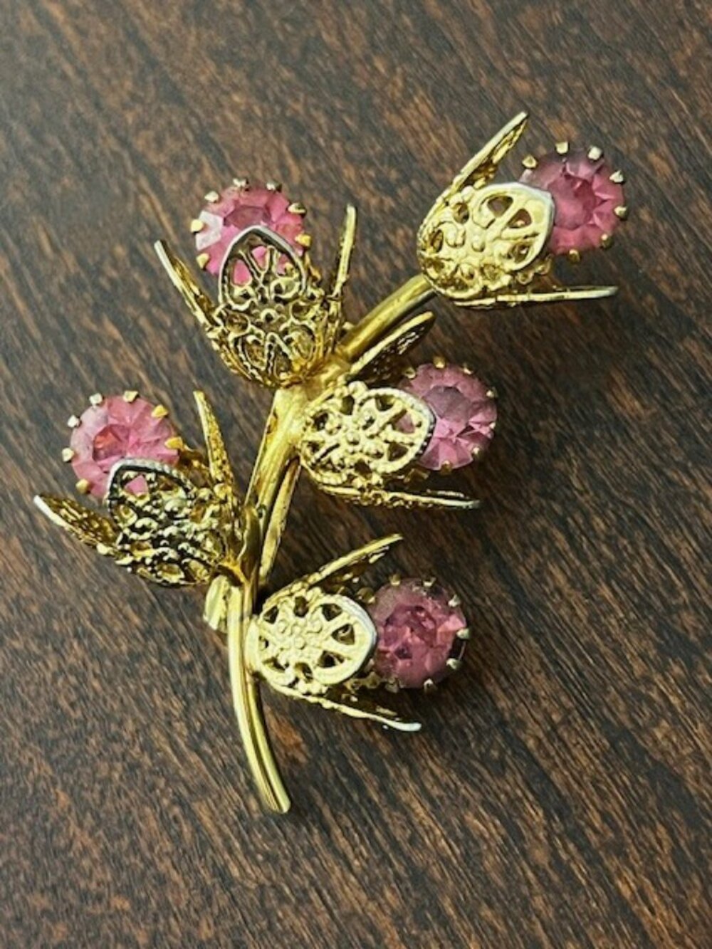 Floral Brooch Pink Stones Gold Tone Setting